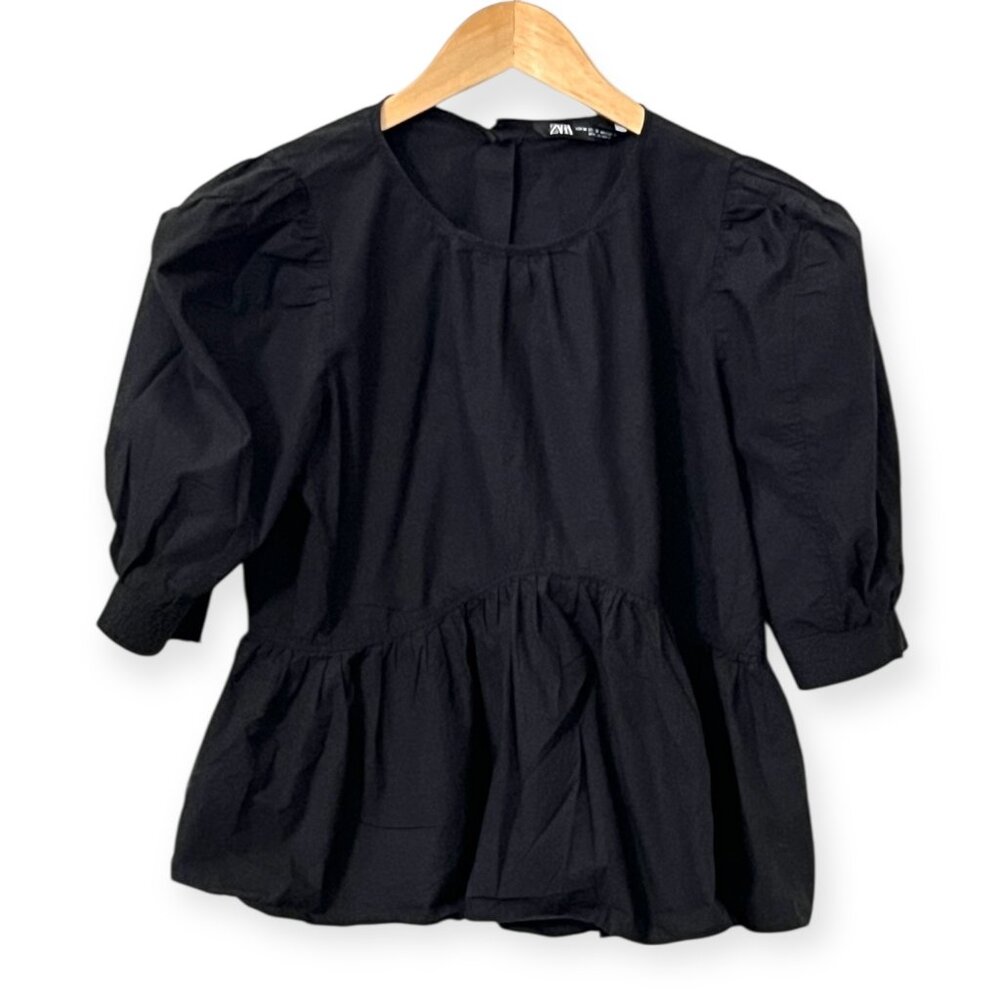 ZARA Black Cotton Peplum Top Puff Sleeve Minimal Blouse Size M Modern Style